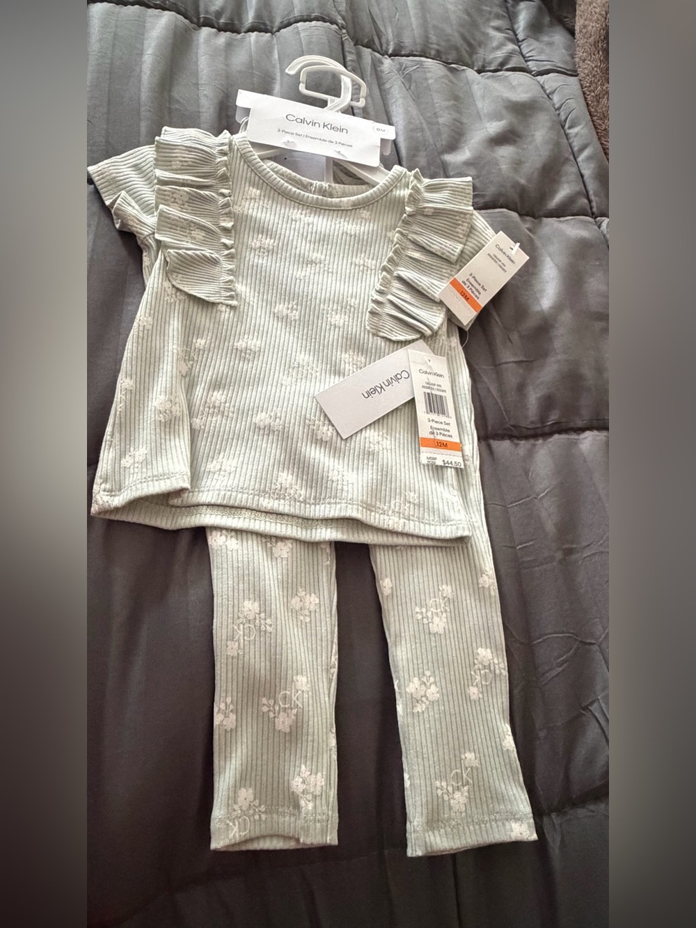 Calvin Klein Kids Soft Mint Green Ribbed Floral Pajama Set
